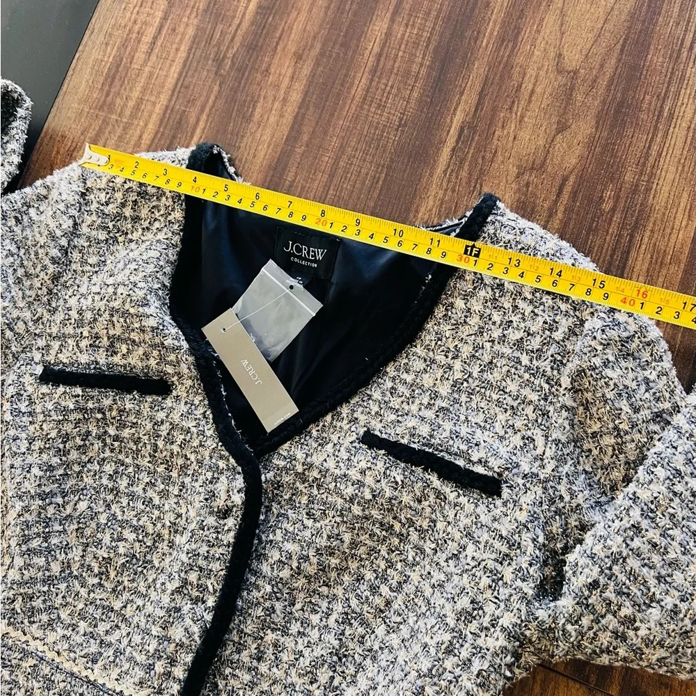 J. Crew Tweed Long-Sleeve Black Trim Shift Dress Coat — Cream & Black